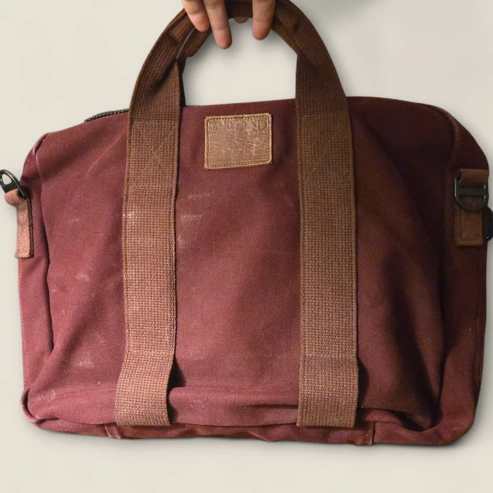 VTG Lands End Briefcase Maroon Canvas Leather Patch DLC Monogram MADE IN USA GUC